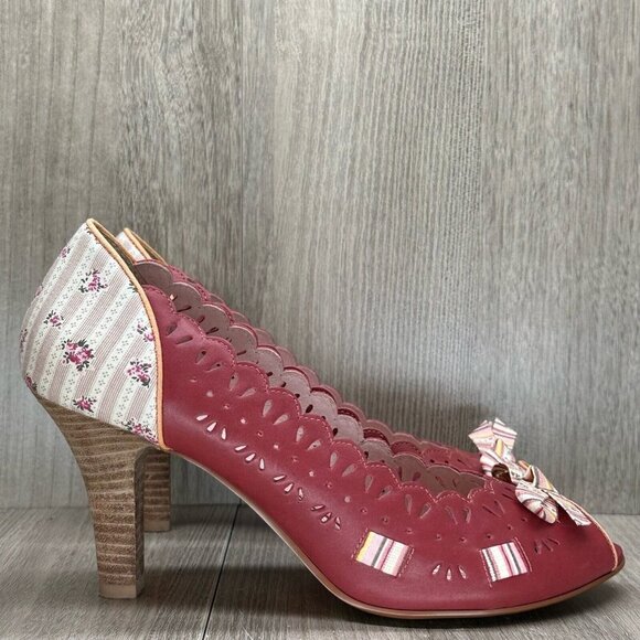 kenzie Shoes - Kenzie Shoes Womens 9M Harvest Laser-Cut Peep Toe High Heel Pumps Leather Red